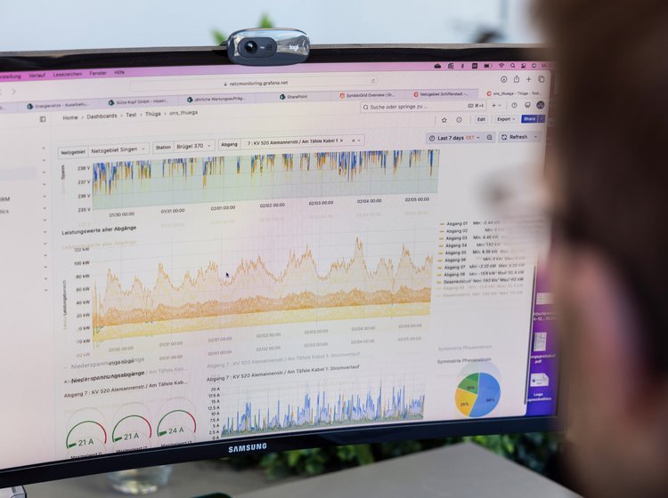 ildschirm mit Energieanalysesoftware, ein Mitarbeiter überprüft die Daten