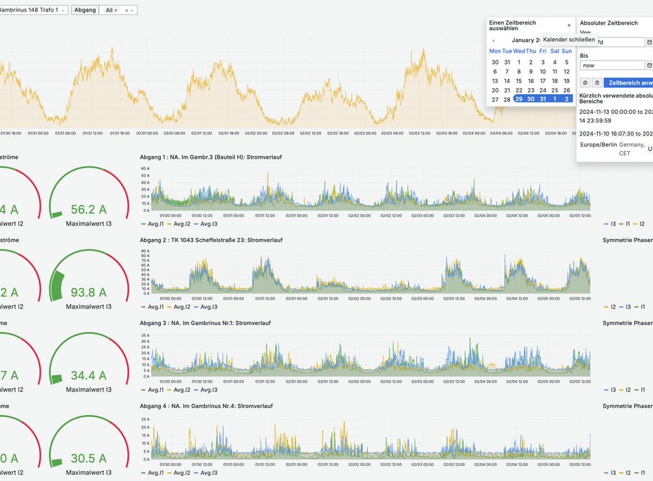 Software-Dashboard mit Netzanalysen und Spannungsmessungen